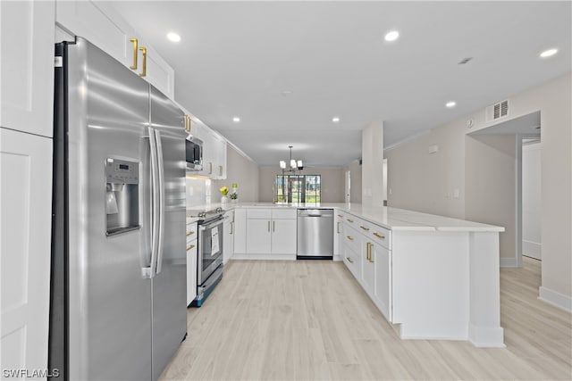 kitchen featuring white cabinets, kitchen peninsula, light wood-type flooring, and stainless steel appliances