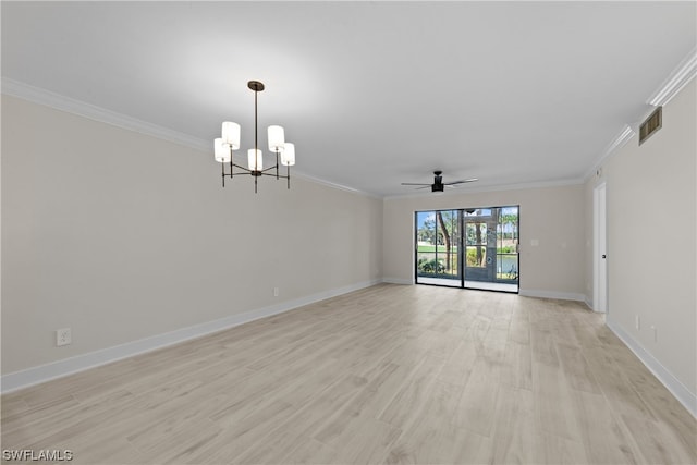 spare room with crown molding, ceiling fan with notable chandelier, and light wood-type flooring