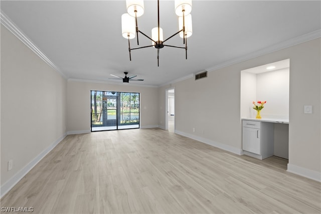 empty room featuring ornamental molding, ceiling fan with notable chandelier, and light hardwood / wood-style flooring