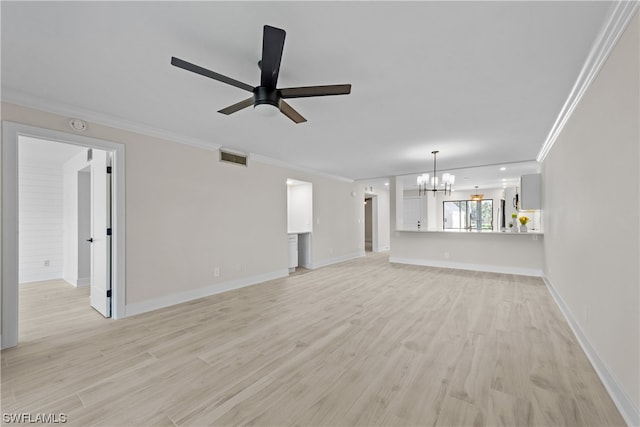 unfurnished living room featuring ornamental molding, ceiling fan with notable chandelier, and light hardwood / wood-style flooring