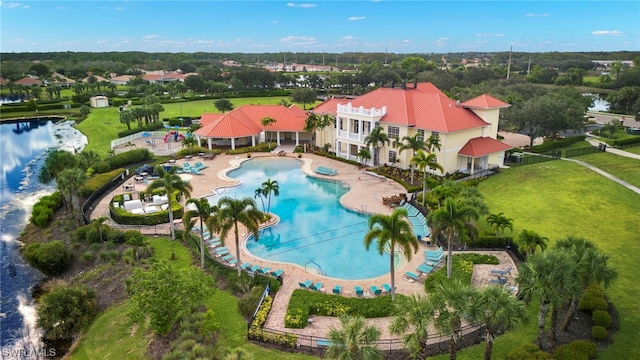 aerial view featuring a water view