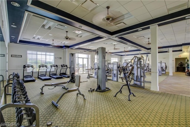 gym with ceiling fan, carpet flooring, and a paneled ceiling