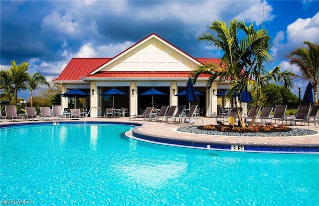 view of swimming pool featuring a patio area