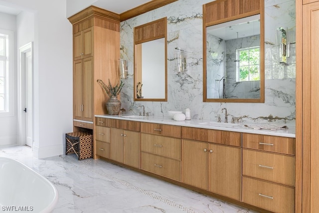 bathroom featuring tile walls, double sink vanity, tile floors, and a bath to relax in