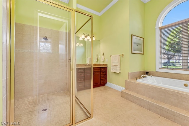 full bathroom with ornamental molding, a stall shower, a bath, tile patterned floors, and vanity