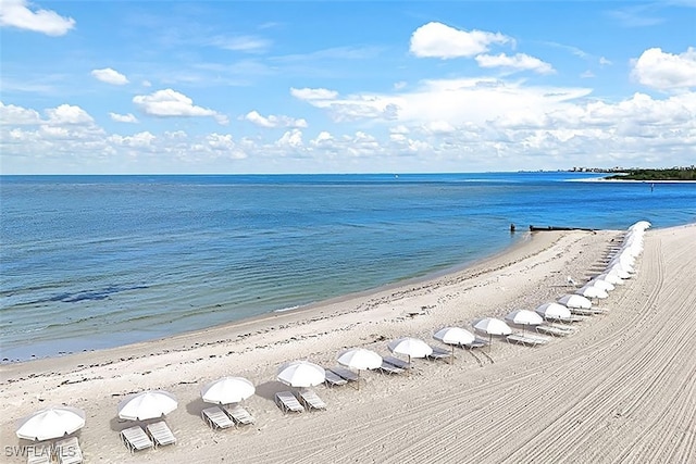 view of water feature with a beach view