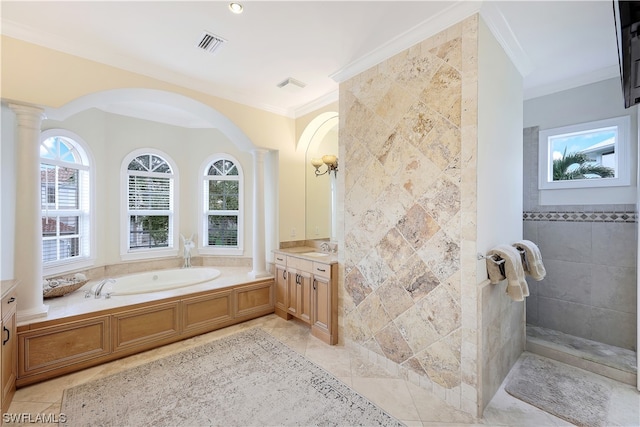 bathroom featuring ornamental molding, a bath, ornate columns, tile flooring, and vanity