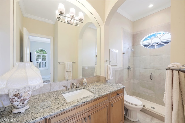 bathroom featuring toilet, an enclosed shower, a chandelier, tile floors, and vanity