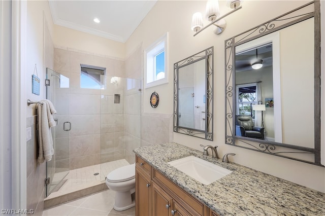 bathroom with toilet, vanity with extensive cabinet space, a shower with shower door, tile flooring, and a notable chandelier