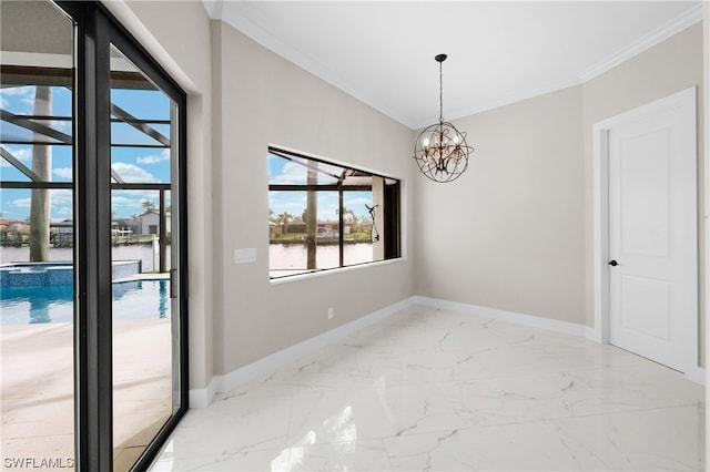 unfurnished dining area with a notable chandelier, plenty of natural light, a water view, and crown molding