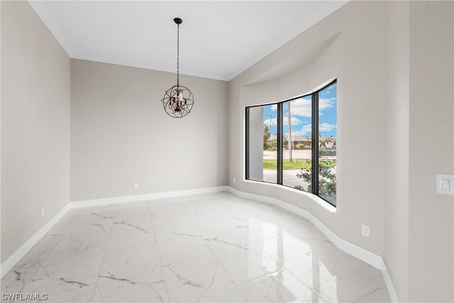 unfurnished room featuring a chandelier and crown molding