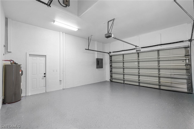 garage with electric panel, water heater, and a garage door opener