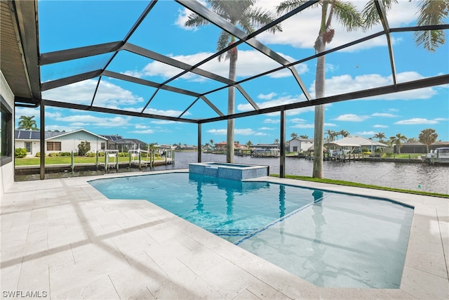 view of pool featuring glass enclosure, a water view, a boat dock, an in ground hot tub, and a patio