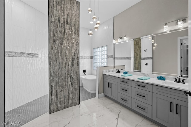 bathroom featuring vanity, tile walls, and plus walk in shower