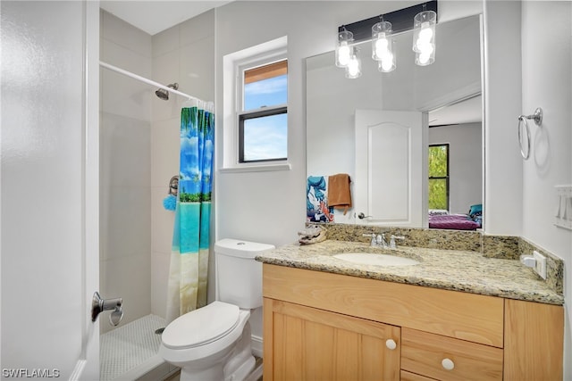 bathroom with toilet, vanity, and a shower with curtain