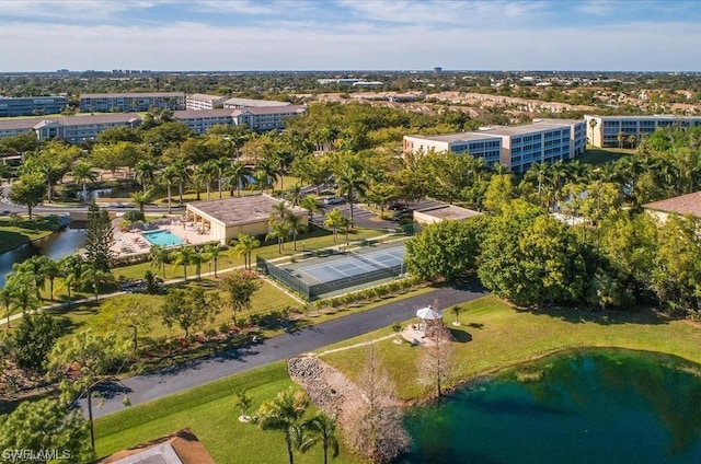 aerial view featuring a water view