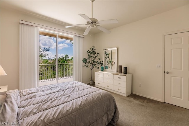 carpeted bedroom with access to outside and ceiling fan