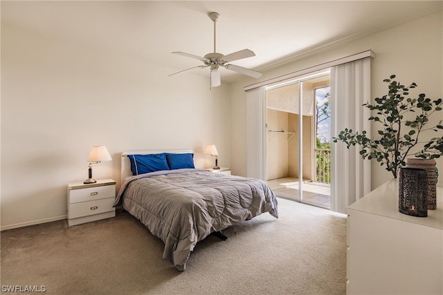 carpeted bedroom featuring access to exterior and ceiling fan