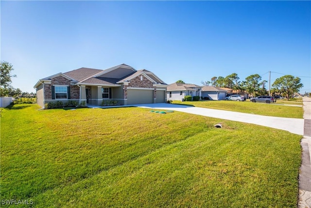 ranch-style home featuring a garage and a front lawn