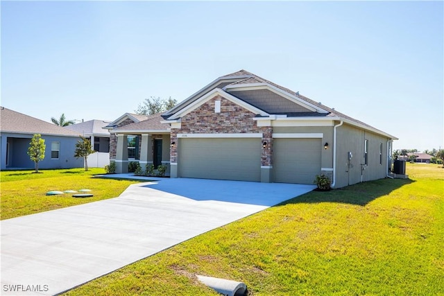 view of front of home featuring a garage, central AC, and a front lawn