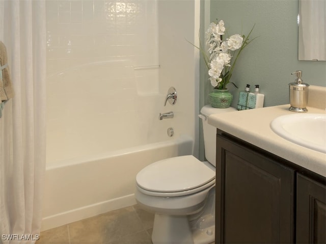 full bathroom featuring tile patterned flooring, vanity, shower / bath combination with curtain, and toilet