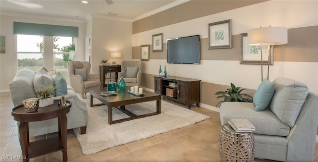 tiled living room with ornamental molding