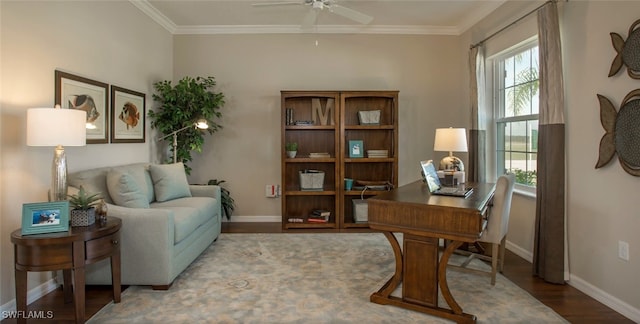 office featuring crown molding, dark hardwood / wood-style floors, and ceiling fan