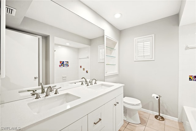 full bathroom featuring tiled shower / bath combo, large vanity, double sink, tile floors, and toilet