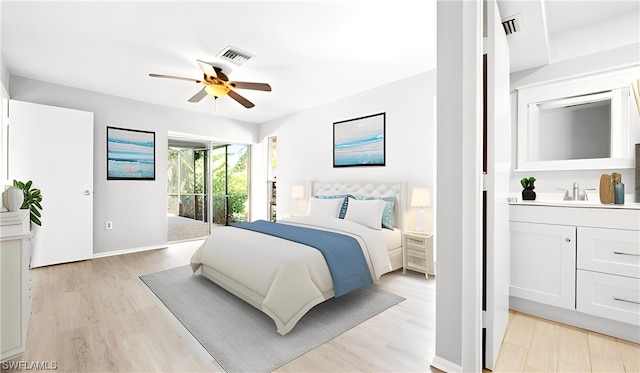 bedroom with sink, ceiling fan, light wood-type flooring, and access to exterior