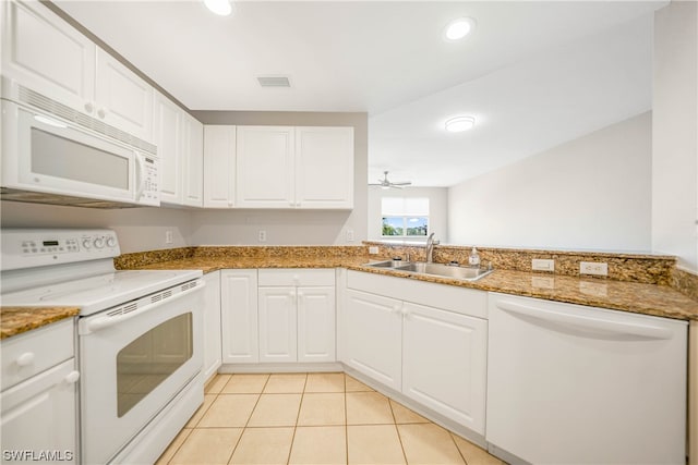 kitchen with ceiling fan, white appliances, white cabinetry, and sink