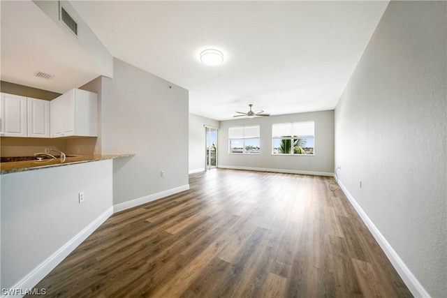 interior space with dark hardwood / wood-style flooring, ceiling fan, and sink