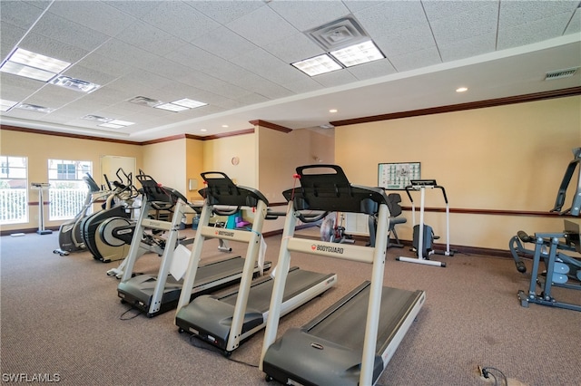 workout area with carpet floors and ornamental molding