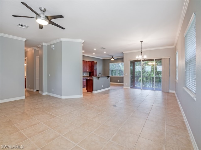 unfurnished living room with light tile patterned floors, crown molding, and ceiling fan with notable chandelier