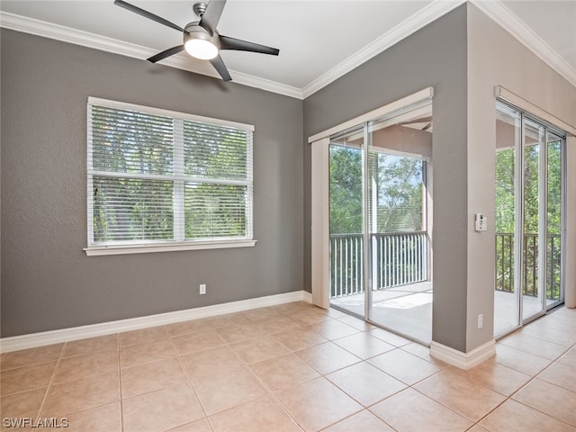 tiled spare room with crown molding and ceiling fan