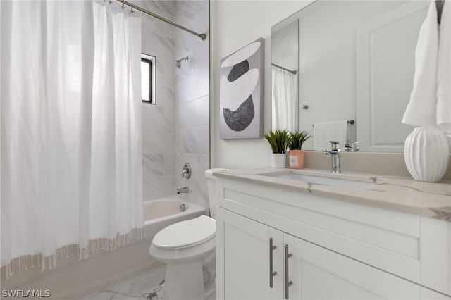 full bathroom with tile floors, vanity, toilet, and shower / bath combo with shower curtain