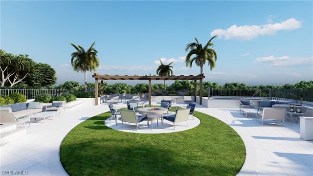 4142 Bay Beach Ln Unit 303, Fort Myers Beach, FL 33931 - view of home's community with fence, a lawn, a pergola, outdoor lounge area, and a patio area