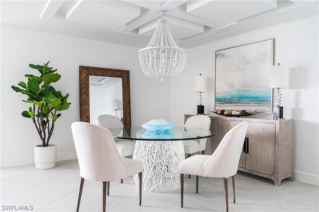 dining room with an inviting chandelier, coffered ceiling, and light tile floors