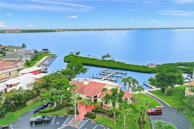 aerial view featuring a water view