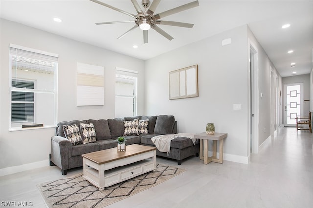 living room with ceiling fan