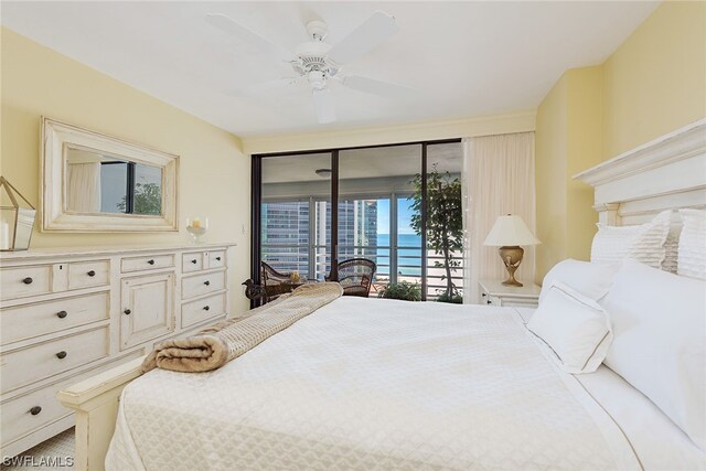 bedroom with ceiling fan and access to outside