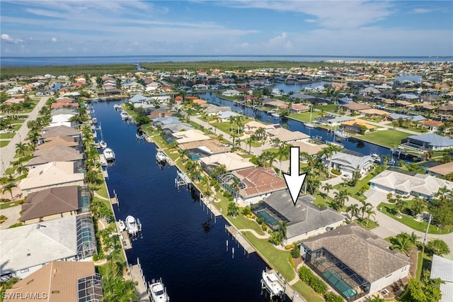 aerial view featuring a water view