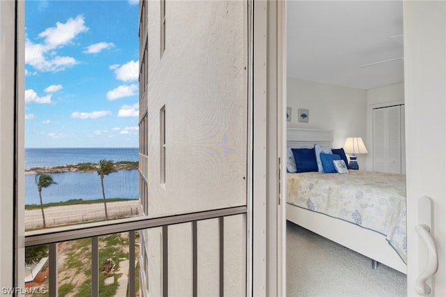 bedroom featuring a water view