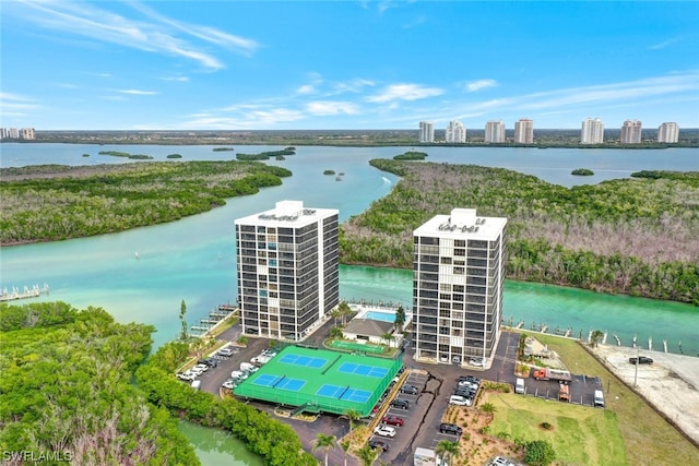 drone / aerial view featuring a water view