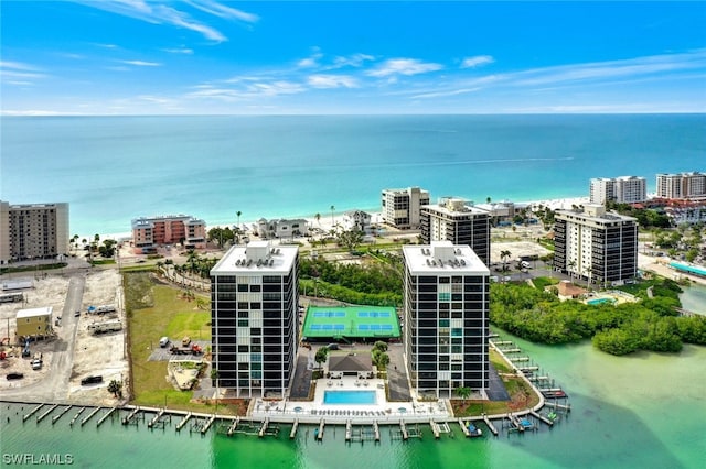 aerial view featuring a water view