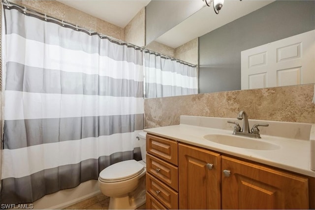 full bathroom with toilet, large vanity, shower / bathtub combination with curtain, and tile flooring