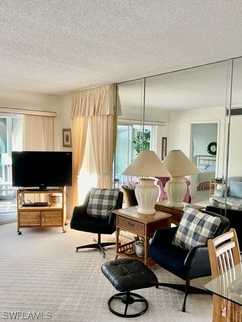 living room featuring carpet and a textured ceiling