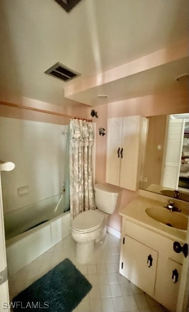 full bathroom with tile patterned floors, vanity, toilet, and shower / bathtub combination with curtain