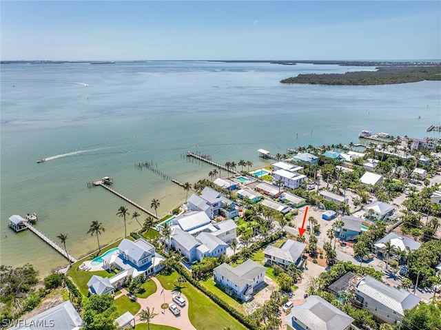 drone / aerial view featuring a water view