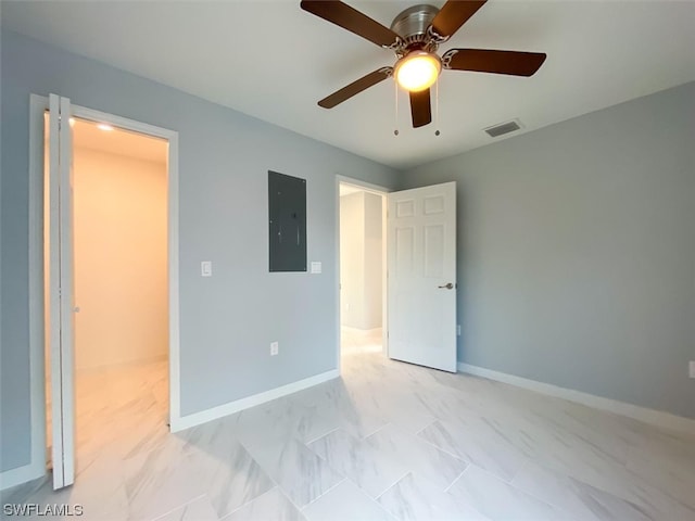 bedroom featuring light tile floors and ceiling fan