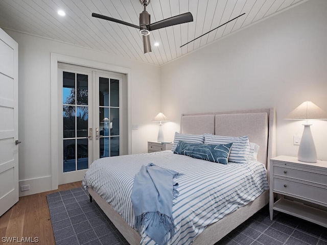 bedroom featuring french doors, access to exterior, ceiling fan, and dark wood-type flooring